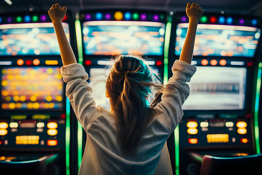 Joyful girl woman raising his hands up happy rejoices at a cash win in a casino on slots. Generative AI