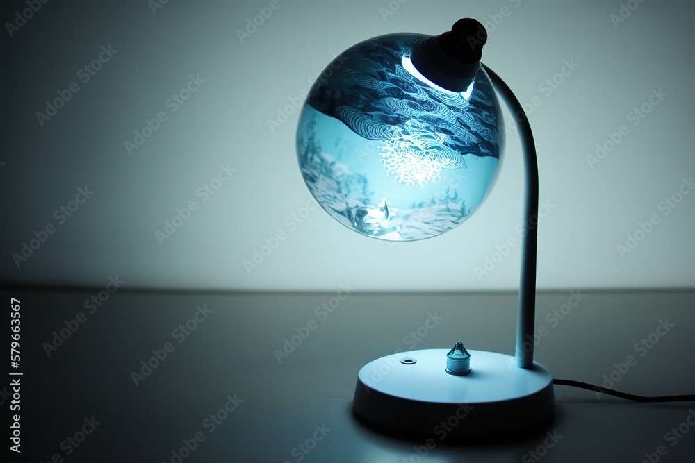 Poster a beautiful table lamp with a water ball stands on the table. generative ai