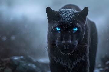 Beautiful black panther with blue eyes on the background of nature. Generative AI - obrazy, fototapety, plakaty