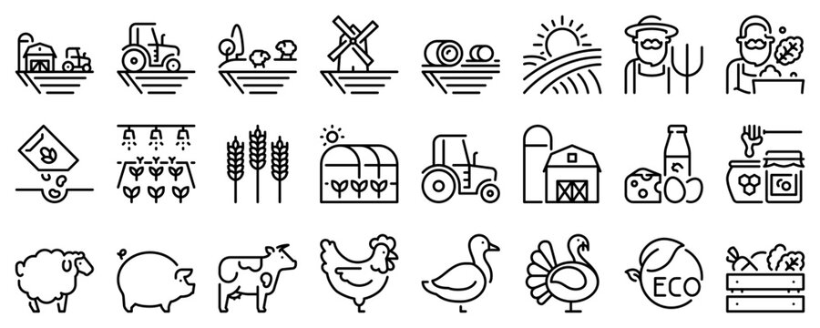 Line icons about farm on transparent background with editable stroke.