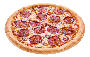Delicious pizza with mozzarella, salami, sausages and tomato sauce, cut out
