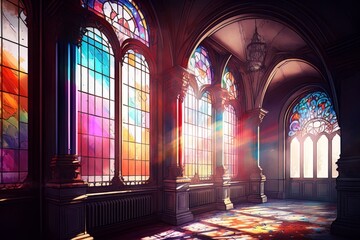 Obraz premium Light Coming Through Towering Stained Glass Generative AI