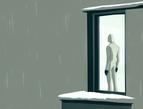 A single figure looks out contemptuously at the world beyond his window. Art concept. AI generation.