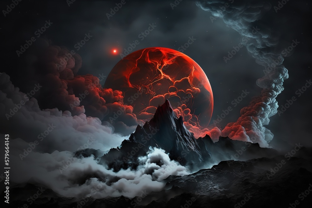 Poster red disk of a large moon in the night sky over rocky hills and mountains. generative ai