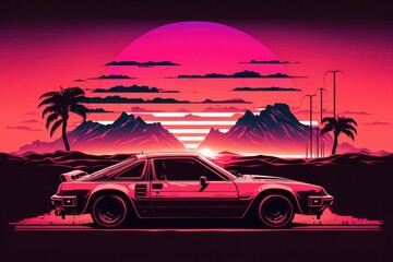 Obraz na płótnie Canvas Retro Futuristic Car and Palm in 80s style,vintage granular texture illustration. Generative AI