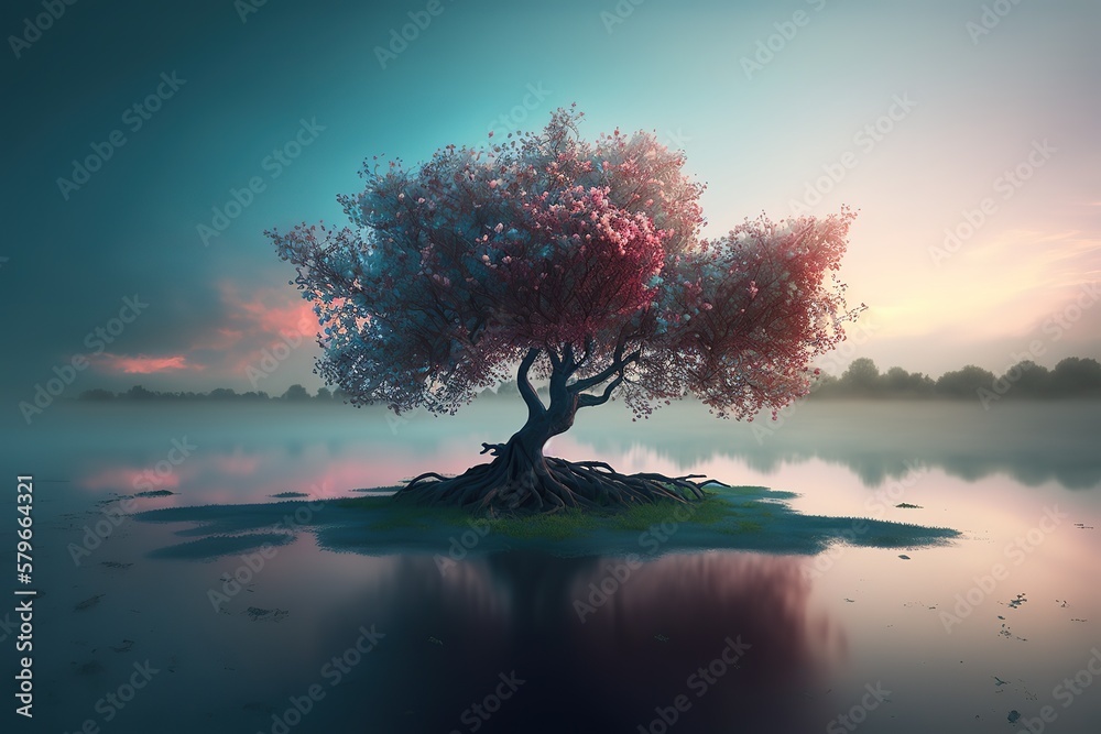 Poster a large branchy tree with a beautiful purple crown of plants on an island in the water. generative a