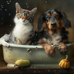 The cat and dog are taking a bath together. AI