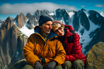 Fototapeta premium Elderly happy couple of hikers climbers sits and rests on the top of a mountain admiring the mountain landscape around. Generative AI