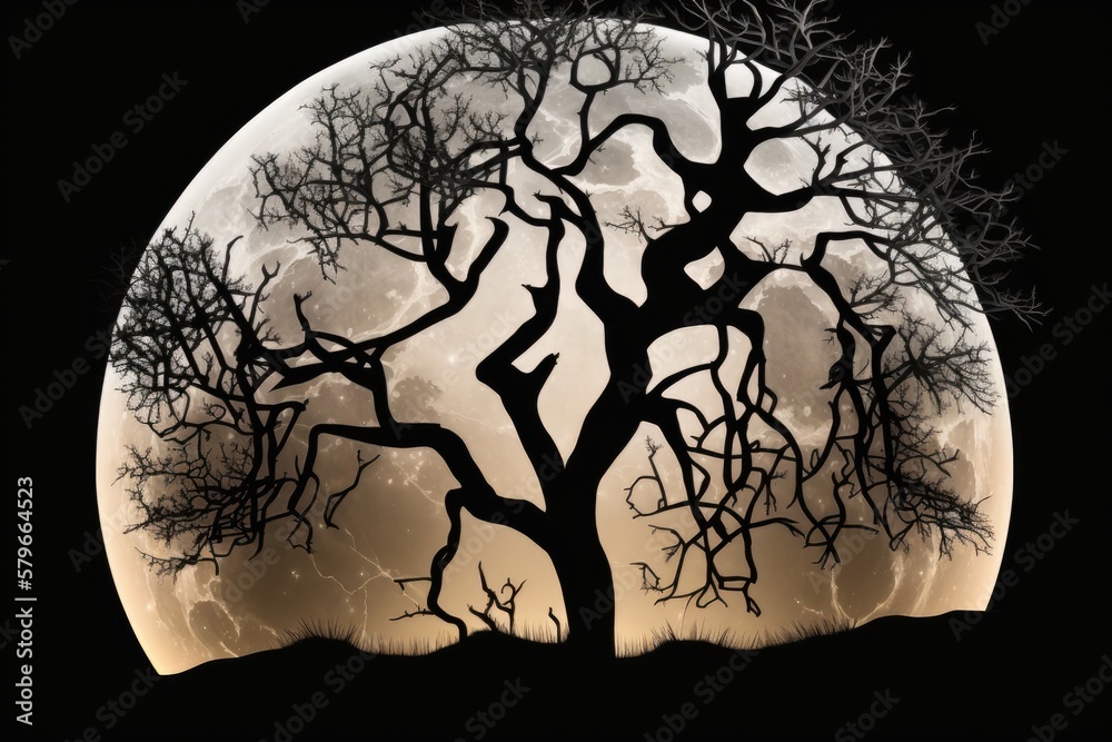 Poster Moon over dry tree silhouette. Generative AI