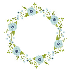 Fototapeta na wymiar Vector wreath with green leaves and blue flowers. Floral frame for celebrations. Flower round border copy space. Romantic design for greeting cards and invitations. Text template with blue flowers.