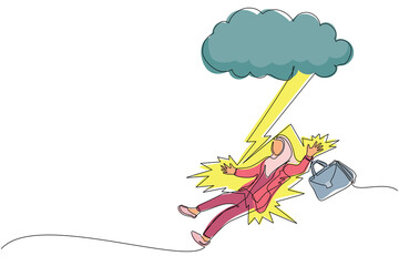 Single continuous line drawing Arabic woman sitting on cloud reading book. Businesswoman. Teacher. Marketer. Director. Chief. Financier. Higher education. Career growth. One line graphic design vector