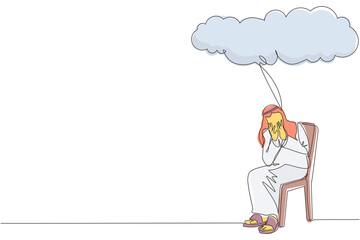 Single continuous line drawing Arabian businessman feeling sad, depression sitting under rain and cloud. Unhappy depressed loneliness sad worker in stress with problem. One line graphic design vector