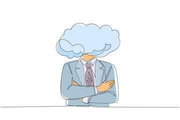 Single one line drawing cloud head businessman. Man with empty head and cloud instead. Distracted, daydreaming, absent and impractical concept. Continuous line draw design graphic vector illustration
