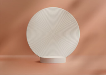 Abstract 3D realistic white podium stand with circles backdrop and natural tree leaf shadow on brown background