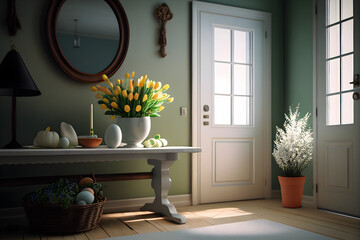 Spring composition of Easter hallway interior with flowers and natural light. Easter decoration concept. Generative AI.