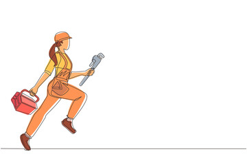 Obraz premium Single one line drawing woman plumber holding wrench and tools box in hands stands isolated. Professional servicewoman character in uniform ready for work. Continuous line draw design graphic vector