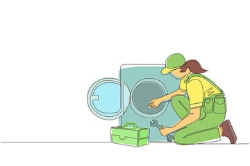 Single continuous line drawing professional repairwoman fixing washing machine at home. Plumbing specialist with toolbox fixing, repairing washer, washing machine. One line draw graphic design vector