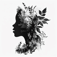 Fototapeta premium Profile of a girl with flowers. Black and white illustration. Generative AI.