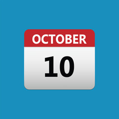 10th October calendar icon. October 10 calendar Date Month icon. Isolated on blue background