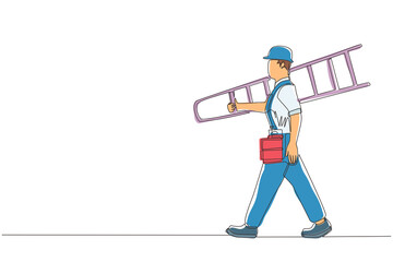 Single continuous line drawing air conditioning repair. Repairman technician man repairing air conditioner. Air conditioning unit repair, maintenance professional service. One line draw design vector