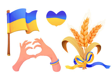 Set Ukrainian symbols flag, hands in heart shape, Spikelet Ukrainian flag colors in cartoon style isolated on white background.