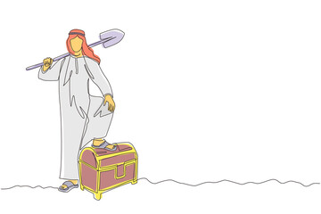Continuous one line drawing Arab businessman standing and lifting big shovel. Business concept. Depicts hard work, success, achievement, discovery. Single line draw design vector graphic illustration