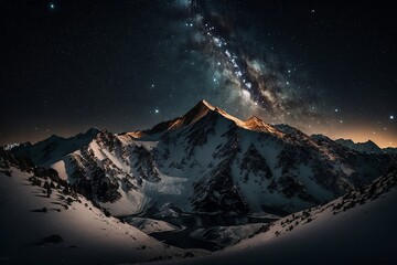 Naklejka na ściany i meble snow-covered mountains below a galaxy and space sky, generative ai