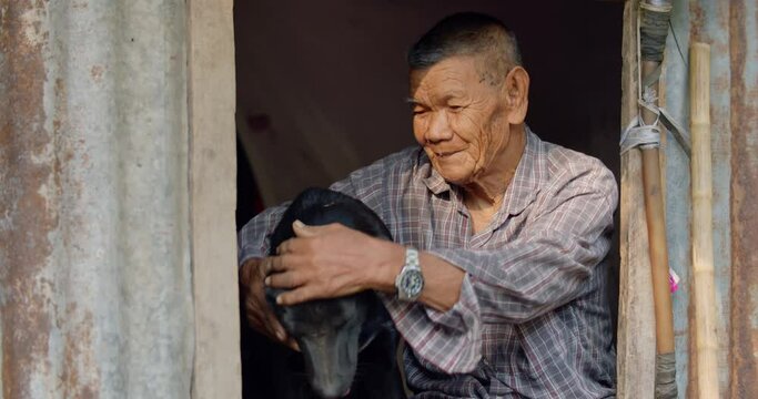 Slow motion : Asian farmer who is an elderly, poor, lonely person working as a farmer sitting on a narrow window Of the old house, like his hand, rubbed his dog's head in the morning.