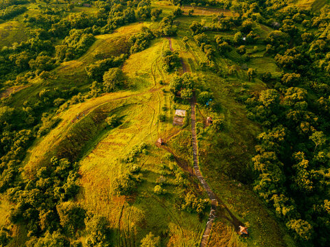 Aerial drone view of the beautiful Teletubbies hill looks in Buleleng, Bali-Indonesia. 