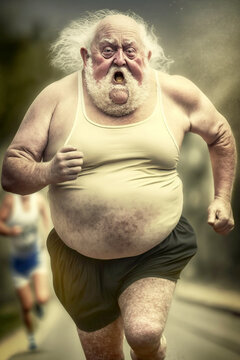 Elderly fat man out of shape runs on exhausted - Ai generative