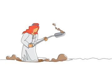 Single continuous line drawing Arab businessman digging in dirt using shovel. Man in suit dig ground with spade. Treasure digging, growth wealth concept lucky rich man. One line graphic design vector