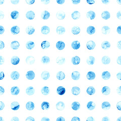 Watercolor seamless pattern. Print in polka dot style. Blue round dots of paint on a white background. Watercolor paper texture. Cute print for textiles, packaging. Vector illustration.
