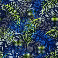 Seamless fantasy pattern with tropical foliage, palm leaves. Virtual surreal nature. Paint brush strokes, halftone round shapes of neon bright colors. Good for apparel, fabric, textile, sport goods.