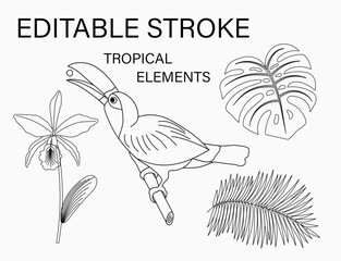 Set of tropical illustrations with toucan bird sitting on branch, tropical foliage, bouquet of orchids, sun icon. Holiday summer theme. Editable stroke © OA_Creation
