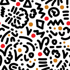 Line doodle seamless pattern. Creative minimalist style art abstract background. Simple childish scribble backdrop. Colorful swirls, circles, lines.