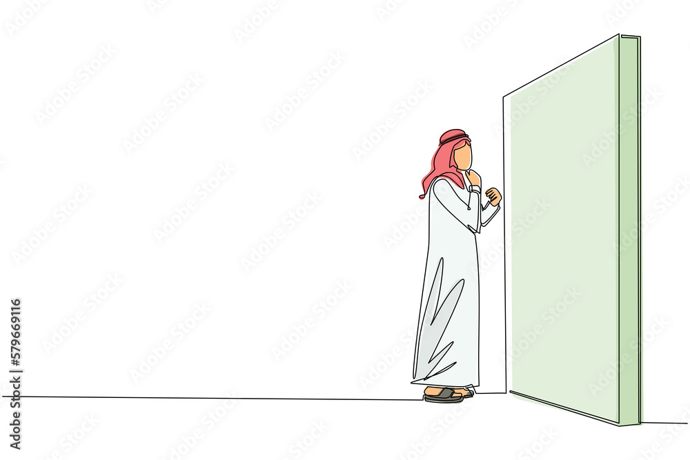 Poster single continuous line drawing arabian businessman thinking in front of big obstacle or wall. abstra