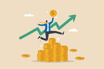 Success investing, growing wealth or being rich from pension or mutual fund, stock market return, money or financial success concept, rich businessman jump high on money coin stack with growth graph. - obrazy, fototapety, plakaty