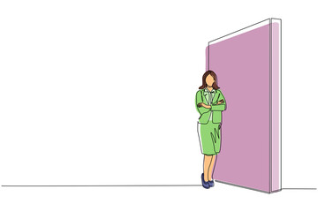Continuous one line drawing young businesswoman standing and lean against wall, thinking something about new business company. Full length or body. Single line draw design vector graphic illustration