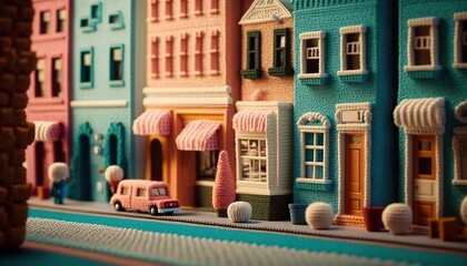 Generative AI, cute street made of crochet, houses, trees, road, cars. Soft colors, dreamy scene cityscape made of crochet materials, wool, fabric, yarn, sewing for background - obrazy, fototapety, plakaty