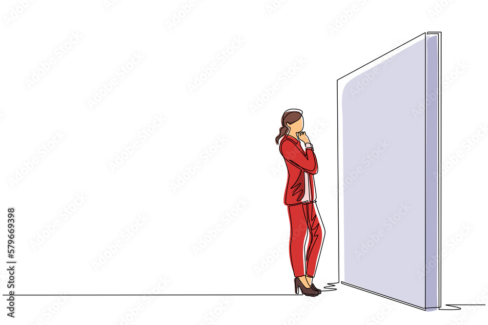 Poster single continuous line drawing businesswoman thinking in front of big obstacle or wall. abstract rep