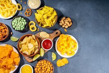 Various unhealthy bar snacks set