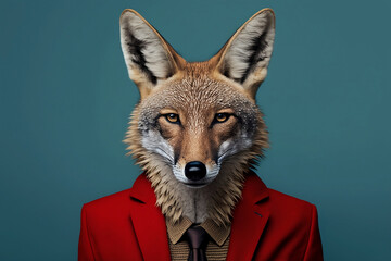 A Coyote in a Red Suit, A Creative Valentine's Day Stock Image of Animals in Red Suit. Generative AI 