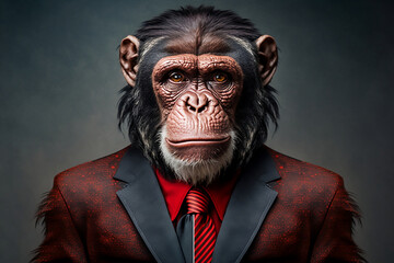 A Chimpanzee in a Red Suit, A Creative Valentine's Day Stock Image of Animals in Red Suit. Generative AI 