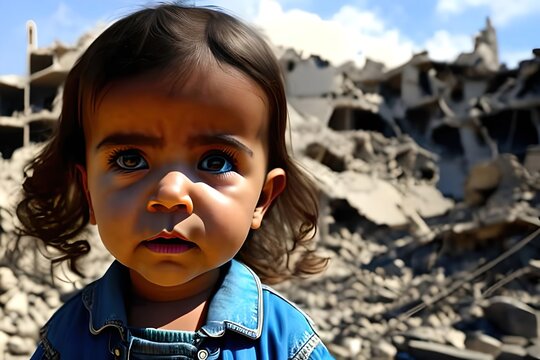 sad girl standing in front of collapsed buildings area, natural disaster earthquake hurricane or war victim, sadness scenario idea to support children's rights. Ukraine, Syria... Generative Ai