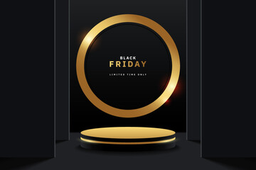 Luxury gold black 3d cylinder podium pedestal in dark studio room with gold round circle shape wall background. black Friday concept. promotion day. stage for product presentation.