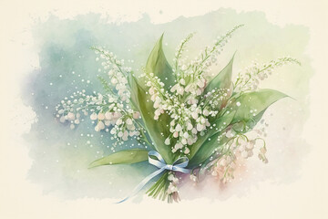 Lily of the valley watercolor painting, symbol of the 1st may, pastel colors, Generative AI