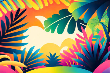 Fototapeta na wymiar Summer vivid color illustration, exotic background with tropical leaves and palm trees. Summer creative concept. Generative AI.