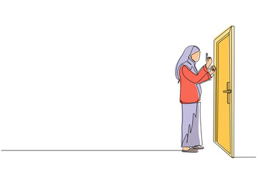 Single one line drawing Arabian businesswoman lifts key in front of door. Woman holding key to open office room door. Starting morning with spirit to work. Continuous line draw design graphic vector