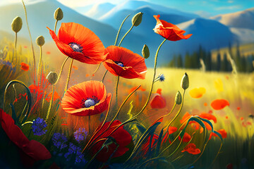 Fototapeta na wymiar Illustration of blooming red poppy near the mountains. Generative AI