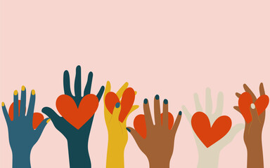 Volunteers, social workers, ordinary people hold hearts in their palms. Unity, cohesion of a multinational society. Charity, voting, donations, social assistance. Vector.